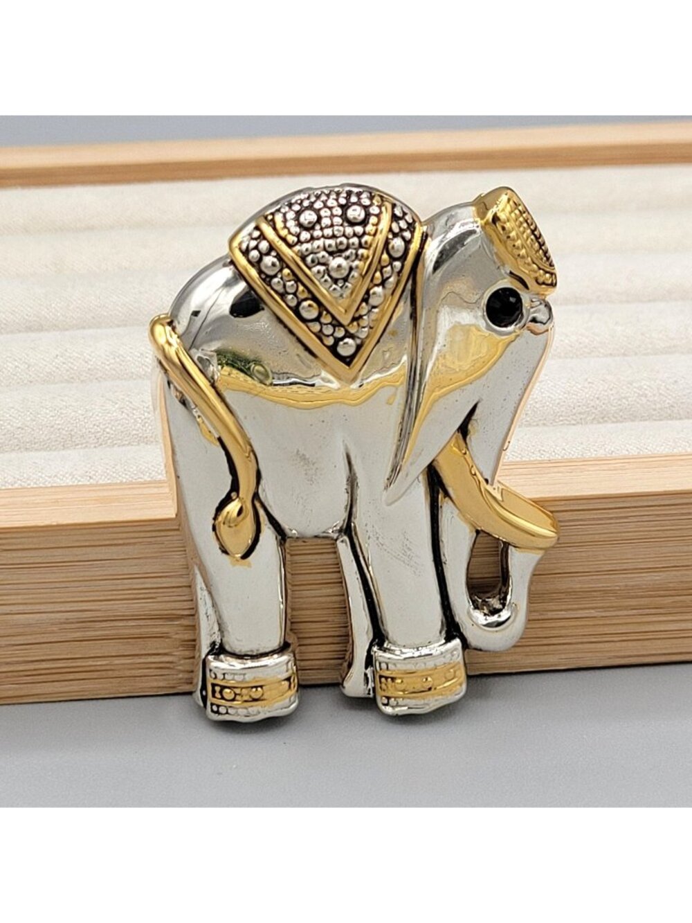 Two Tone Elephant Brooch Pendant Textured Accents Trunk Up Vintage Best Signed